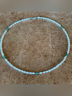 Vintage Freshwater Rice Pearls with Green Malachite Beads Choker Necklace